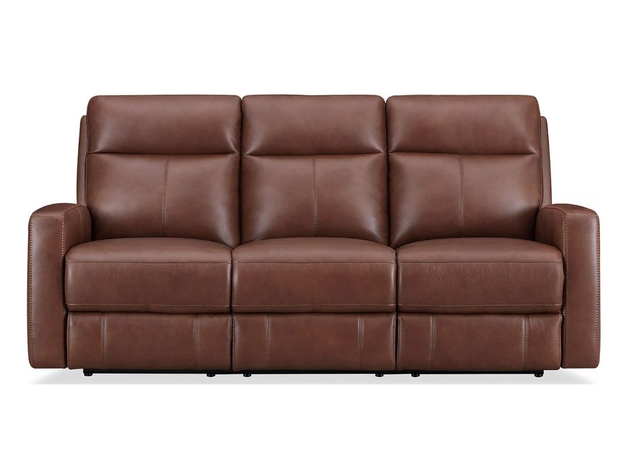 Brown leather reclining sofa shown front view on a white background.