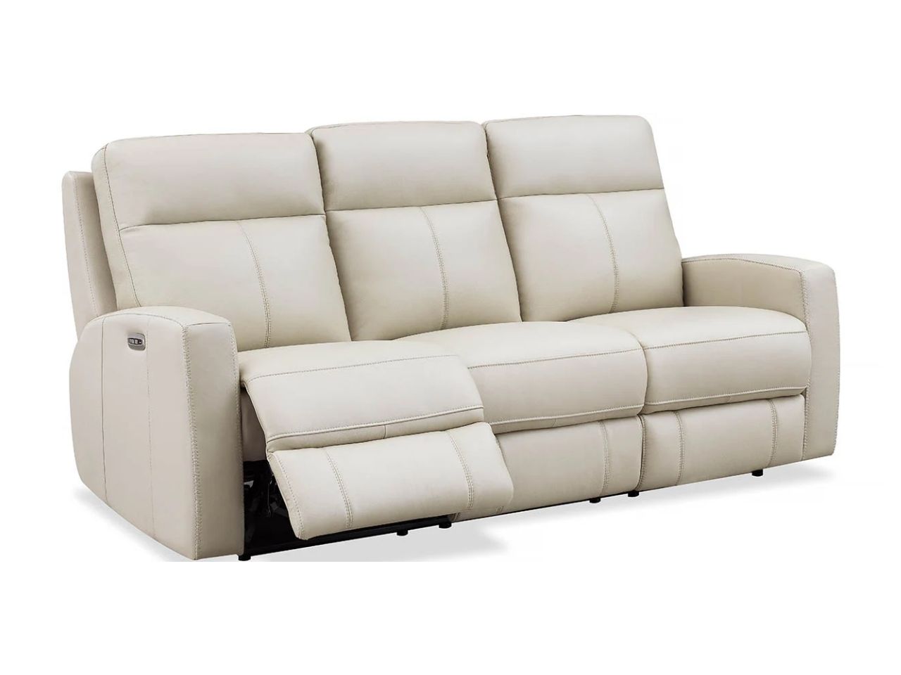 Light beige reclining sofa with dimensions shown on a white background.
