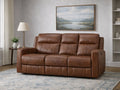 Brown leather reclining sofa displayed in a neutral living room setting.