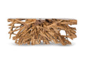 Natural wood root console table on a white background.