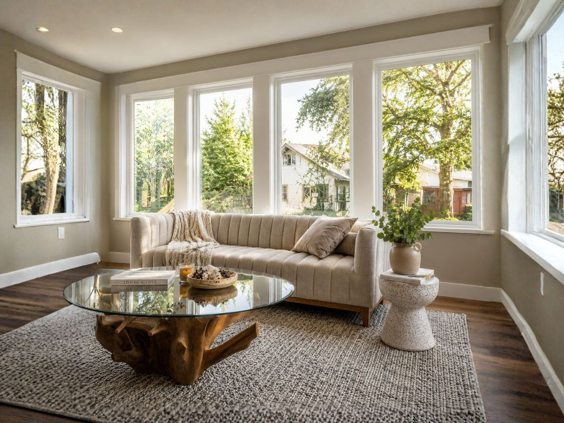 Round glass coffee table with a natural wood root base, styled in a bright living room with a curved sofa and large windows.
