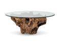 Natura Round Root Teak Coffee Table with Tempered Glass Top in a white background