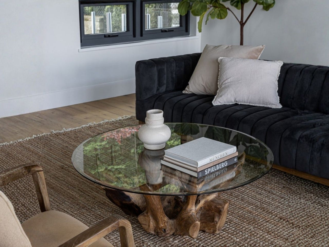 Natura Round Root Teak Coffee Table with Tempered Glass Top
