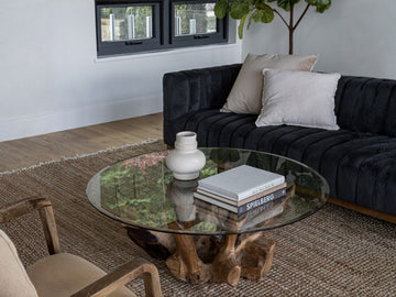 Natura Round Root Teak Coffee Table with Tempered Glass Top