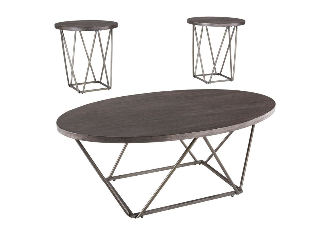 Oval wood coffee table with metal frame and two matching round side tables on a white background.