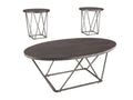 Oval wood coffee table with metal frame and two matching round side tables on a white background.