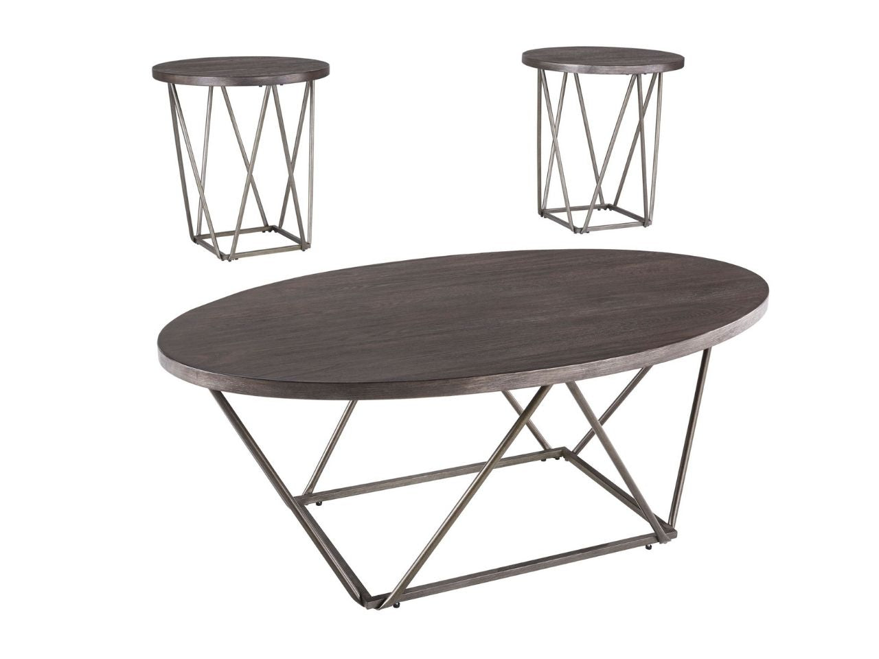 Oval wood coffee table with metal frame and two matching round side tables on a white background.