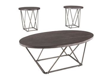 Oval wood coffee table with metal frame and two matching round side tables on a white background.