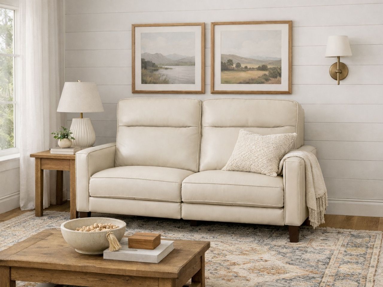 A light upholstered loveseat styled in a bright, cozy living room.