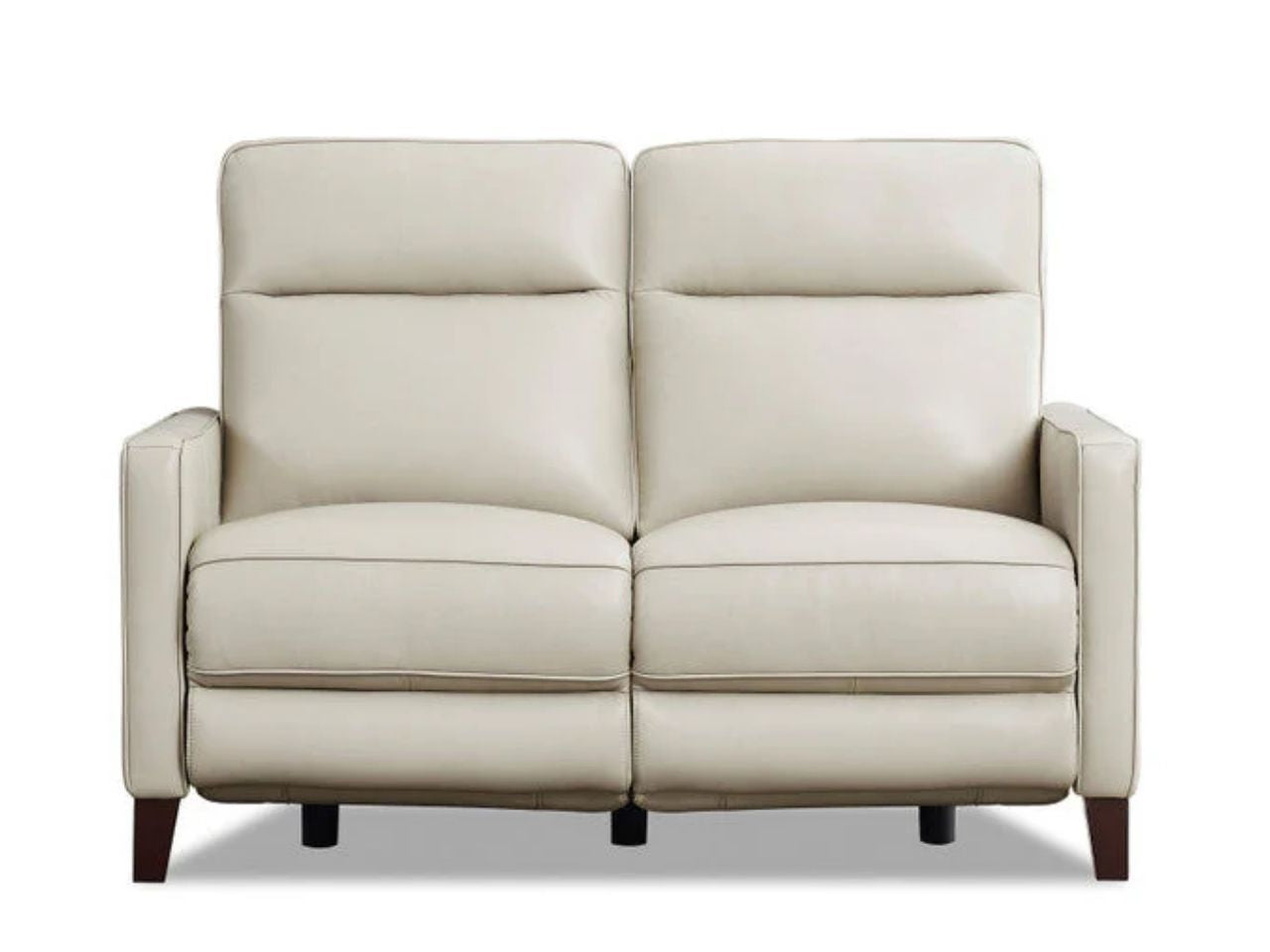 Cream leather power reclining loveseat with padded cushions in a white background. 