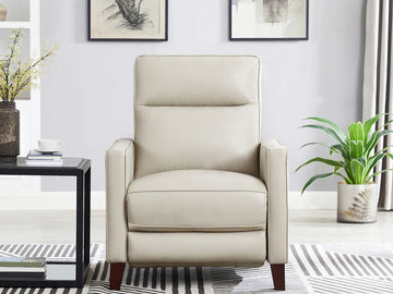 Light beige leather recliner chair in a modern living room.