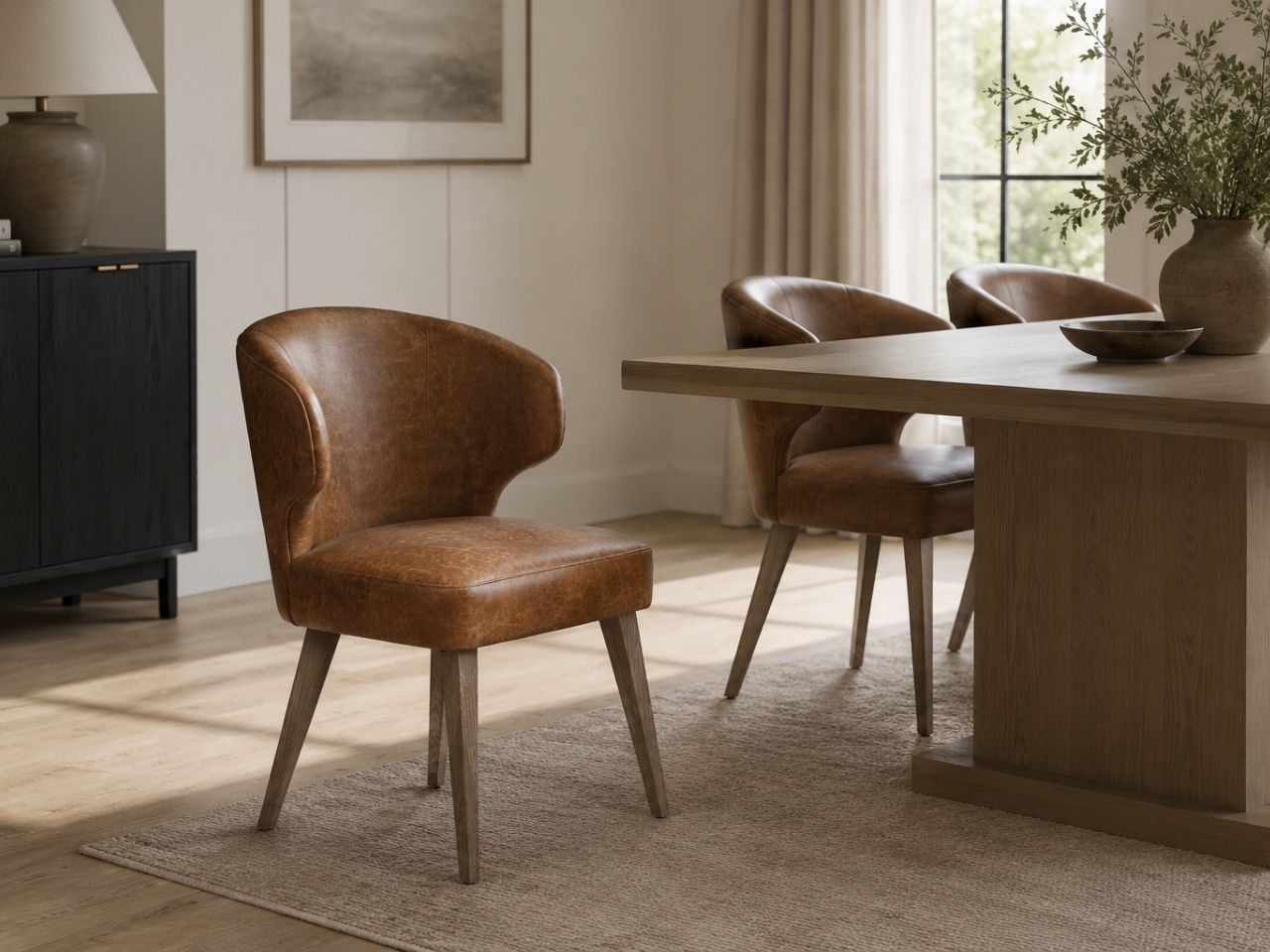 Niles Brown Leather Dining Chair in a dining room setting 