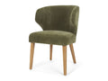 Upholstered accent chair with green fabric and wooden legs on a white background, angled view.