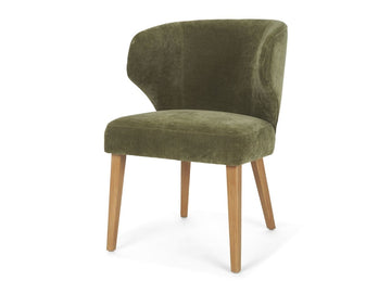 Upholstered accent chair with green fabric and wooden legs on a white background, angled view.