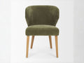 Upholstered accent chair with green fabric and wooden legs on a white background, front view.
