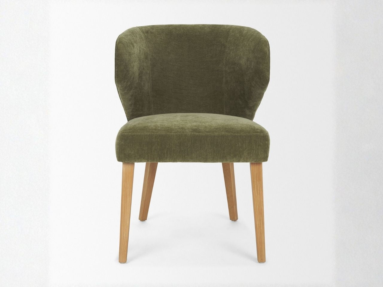 Upholstered accent chair with green fabric and wooden legs on a white background, front view.