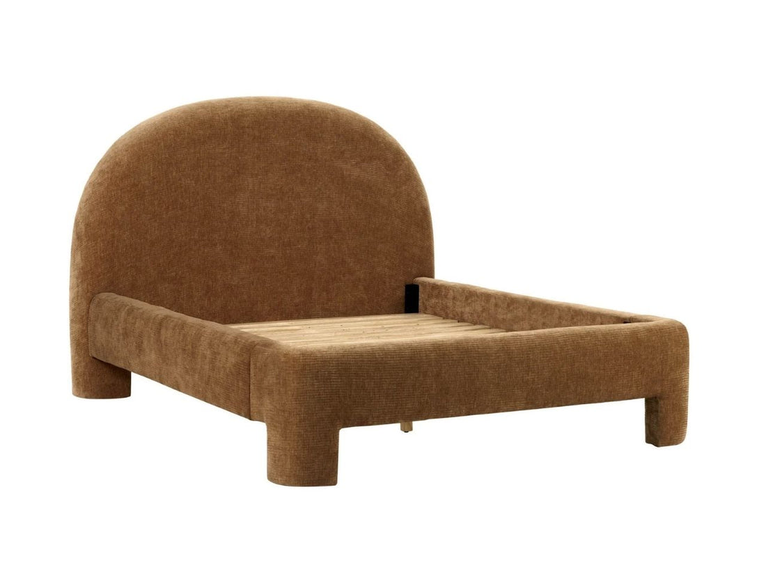 Brown upholstered bed with a rounded headboard styled in a modern bedroom with matching nightstands.