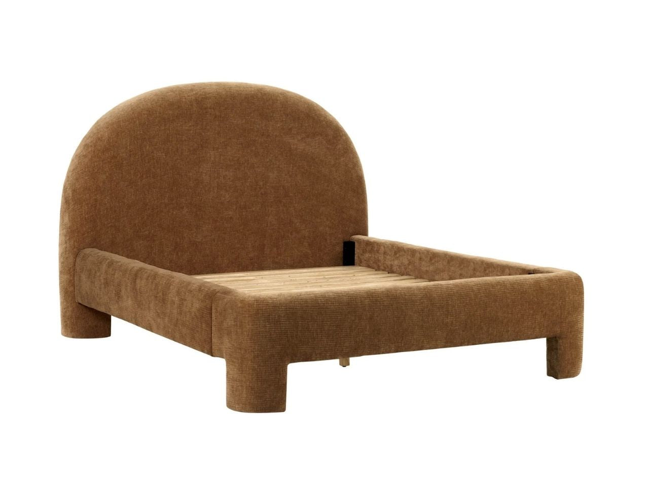 Brown upholstered bed frame with curved headboard and wood slats on a white background.