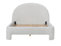 Upholstered bed frame with rounded headboard and wood slats on a white background.