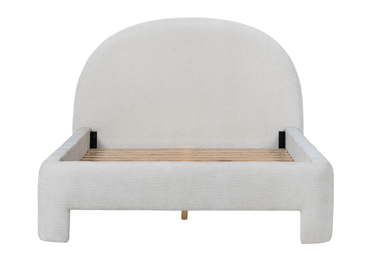 Upholstered bed frame with rounded headboard and wood slats on a white background.