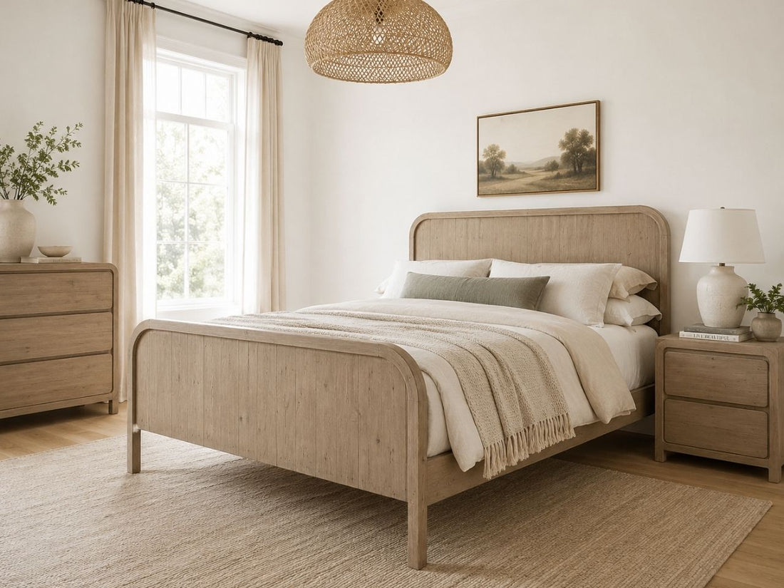 Light wood bed frame with a curved headboard and footboard in a warm, modern bedroom setting.
