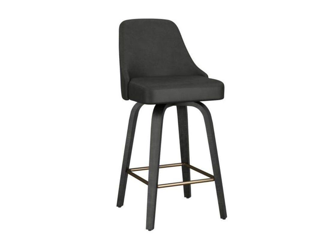 Black upholstered counter stool with curved back, dark wood legs, and brass footrest shown at an angle on a white background.