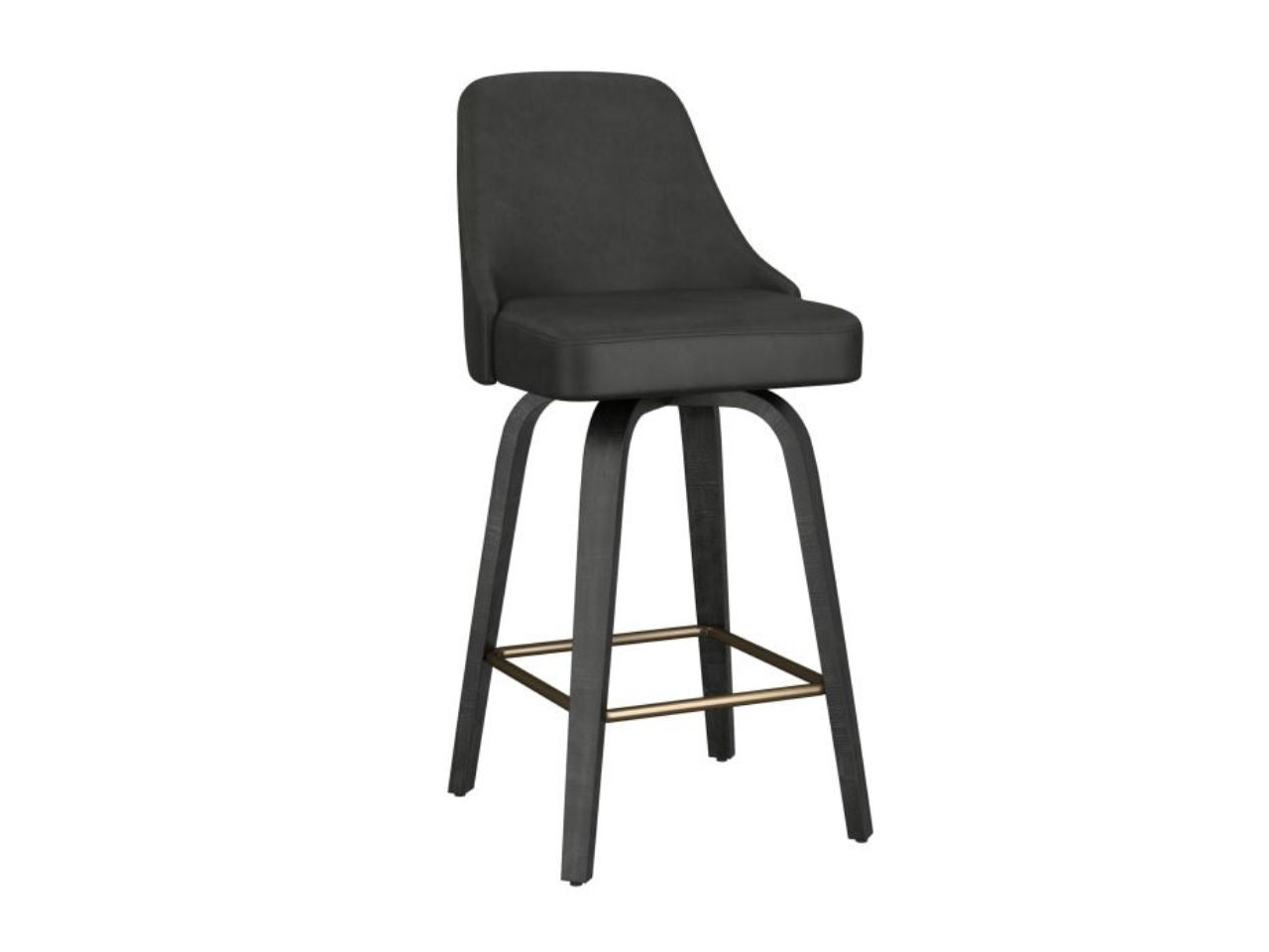Black upholstered counter stool with curved back, dark wood legs, and brass footrest shown at an angle on a white background.