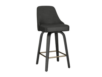 Black upholstered counter stool with curved back, dark wood legs, and brass footrest shown at an angle on a white background.