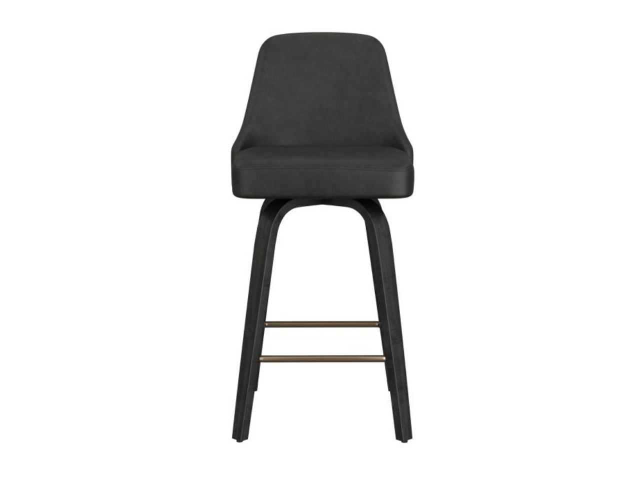 Black upholstered counter stool with curved back, dark wood legs, and brass footrest shown from the front on a white background.