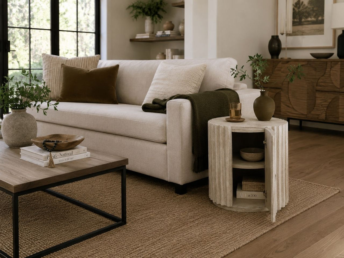 Light wood accent cabinet with a rounded fluted design and storage door, styled next to a cream sofa in a modern living room.