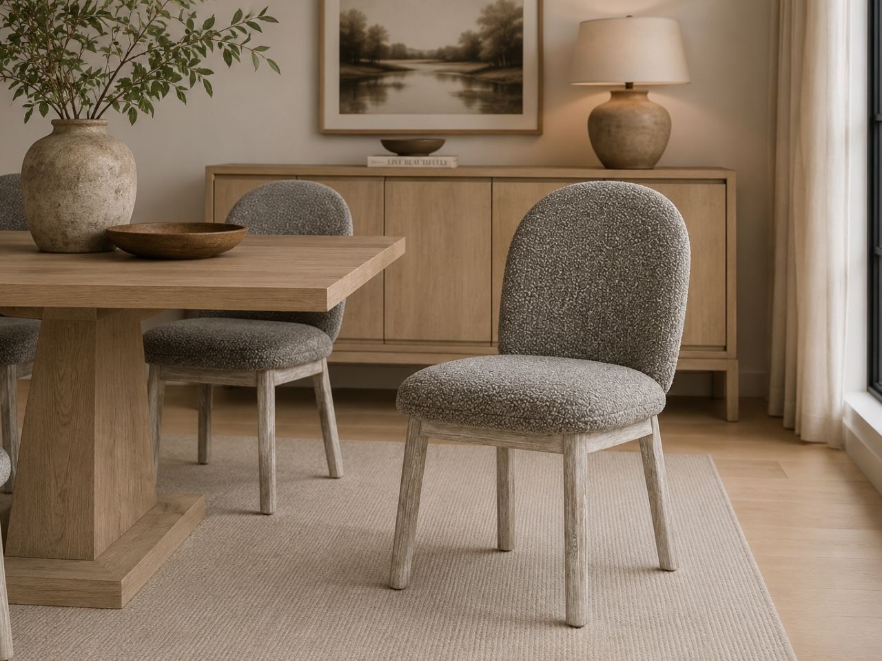 Oasis Oatmeal Dining Chair in Calgary in a dining room setting. 