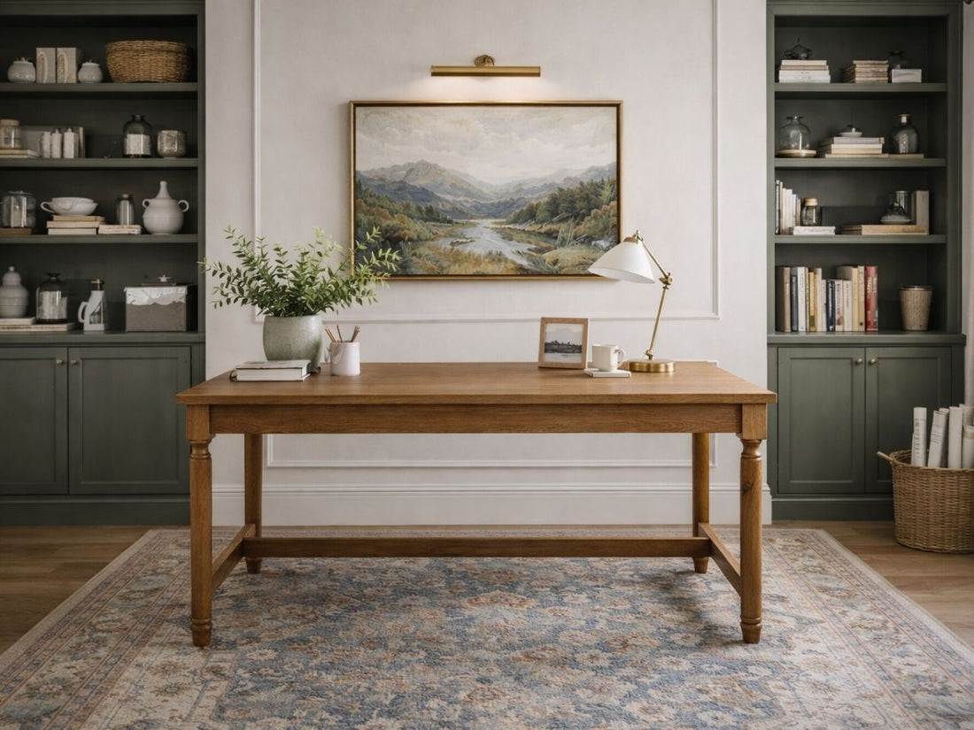 Solid wood office desk in a classic home office setting.