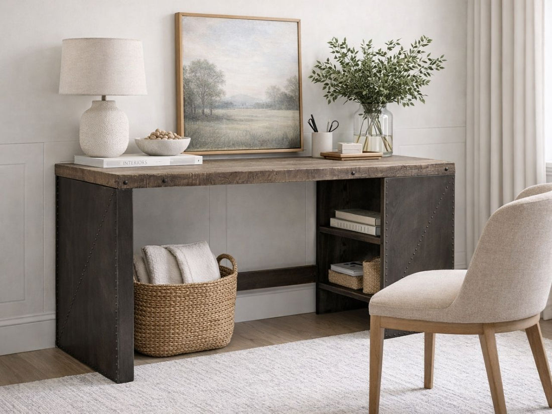 The Orwell Office Desk features a heavy industrial aesthetic, combining a substantial, thick rectangular top made of reclaimed or rustic-textured wood with a weathered brown finish.