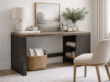 The Orwell Office Desk features a heavy industrial aesthetic, combining a substantial, thick rectangular top made of reclaimed or rustic-textured wood with a weathered brown finish.