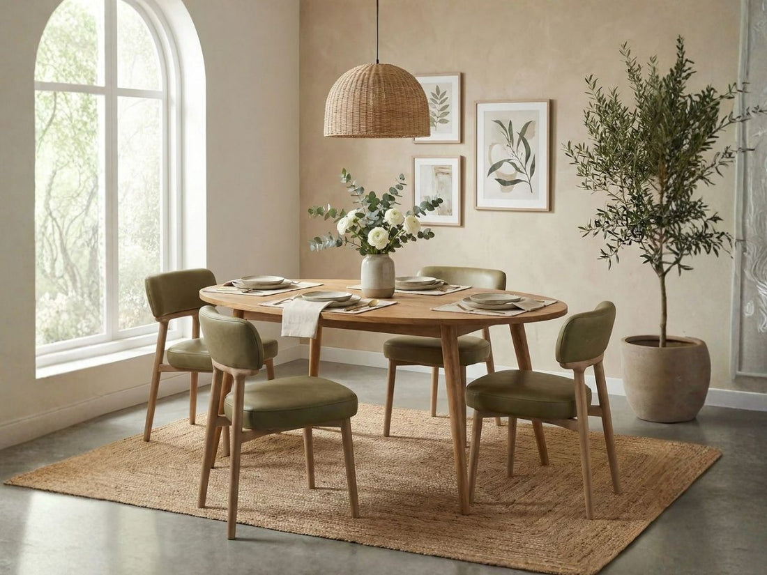 Oval wooden dining table styled with green chairs in a bright, modern dining room.