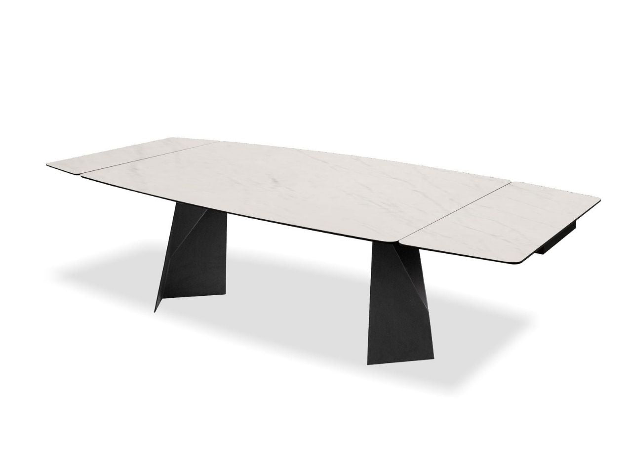Extendable rectangular dining table with a light stone top and black sculptural metal legs on a white background.
