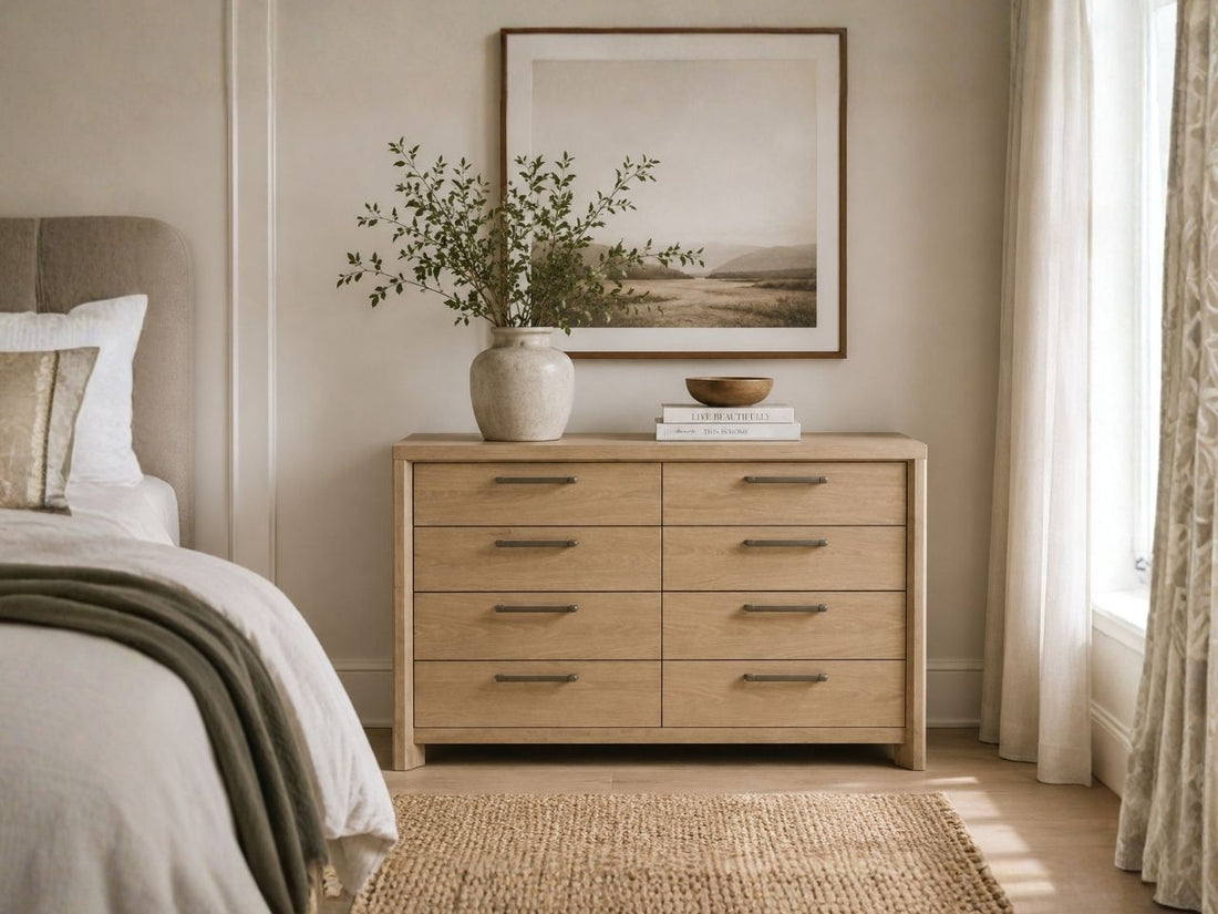 Light wood dresser with clean lines and eight spacious storage drawers.