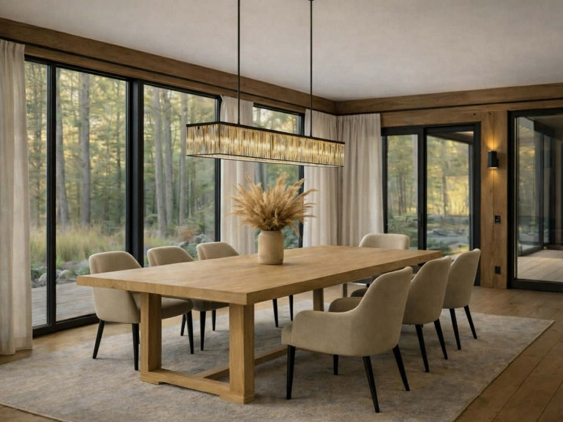 Wood trestle extension dining table with upholstered chairs in a warm, modern dining room with large windows.