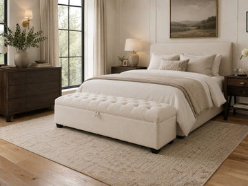 Panama Custom Tufted Bench Made in Canada in a bedroom setting. 