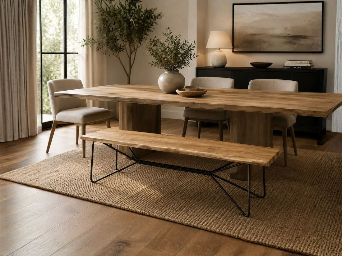 Papillion Dining Bench in Calgary in a dining room setting. 