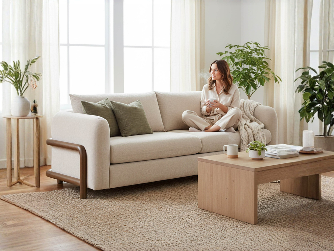 A woman sits cross-legged on a cream sofa with curved wooden legs in a sunlit room, holding a steaming mug. It’s decorated with sage green pillows and a chunky knit throw, with a light-wood coffee table on a textured jute rug. 