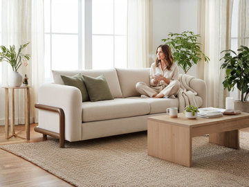 A woman sits cross-legged on a cream sofa with curved wooden legs in a sunlit room, holding a steaming mug. It’s decorated with sage green pillows and a chunky knit throw, with a light-wood coffee table on a textured jute rug. 