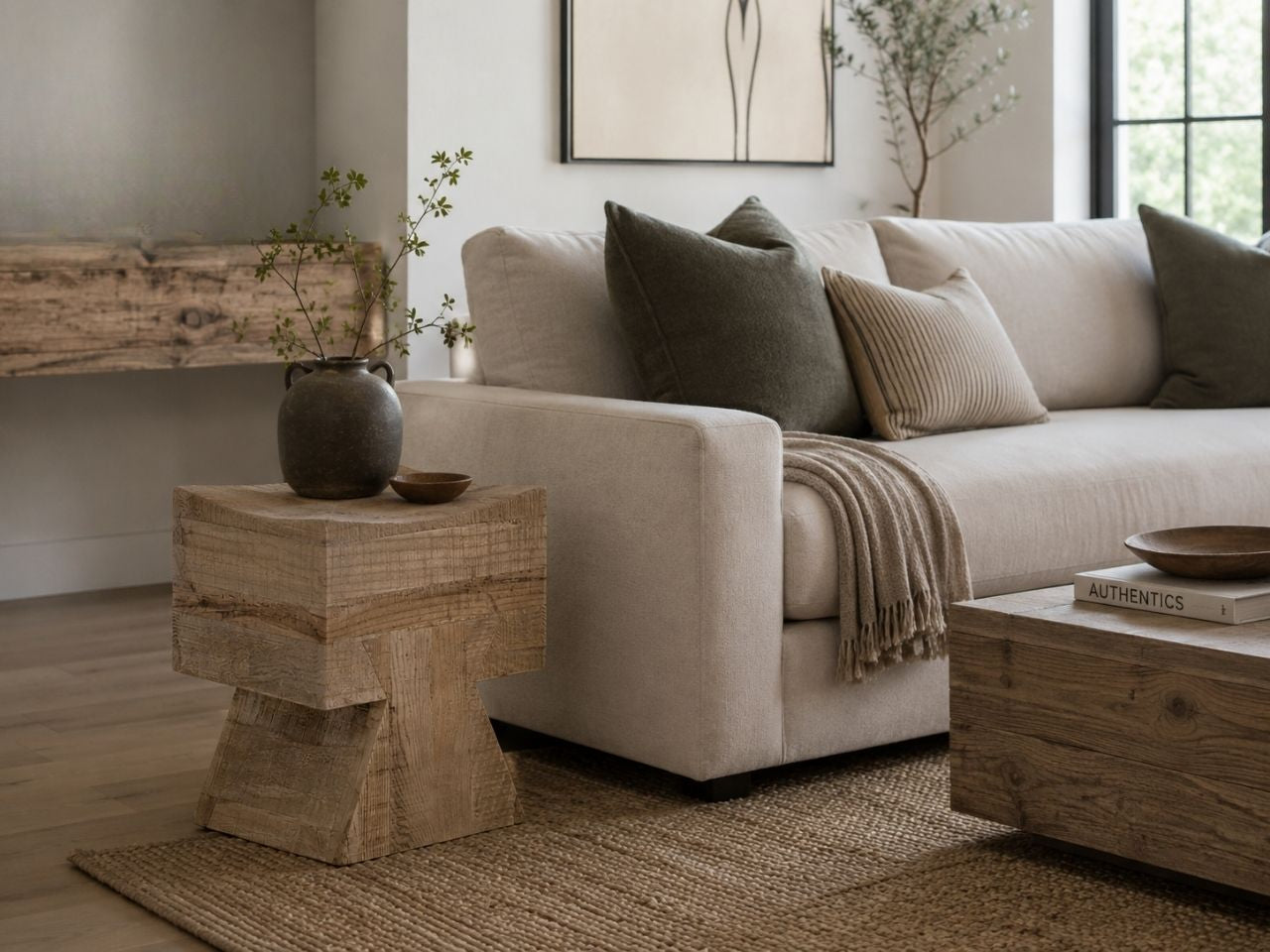 Solid light wood sculptural stool used as an accent table beside a cream sofa in a warm, contemporary living room.