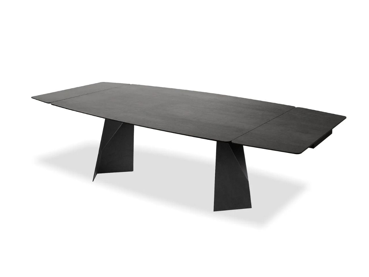 Grey extendable rectangular dining table with sculptural metal legs on a white background.