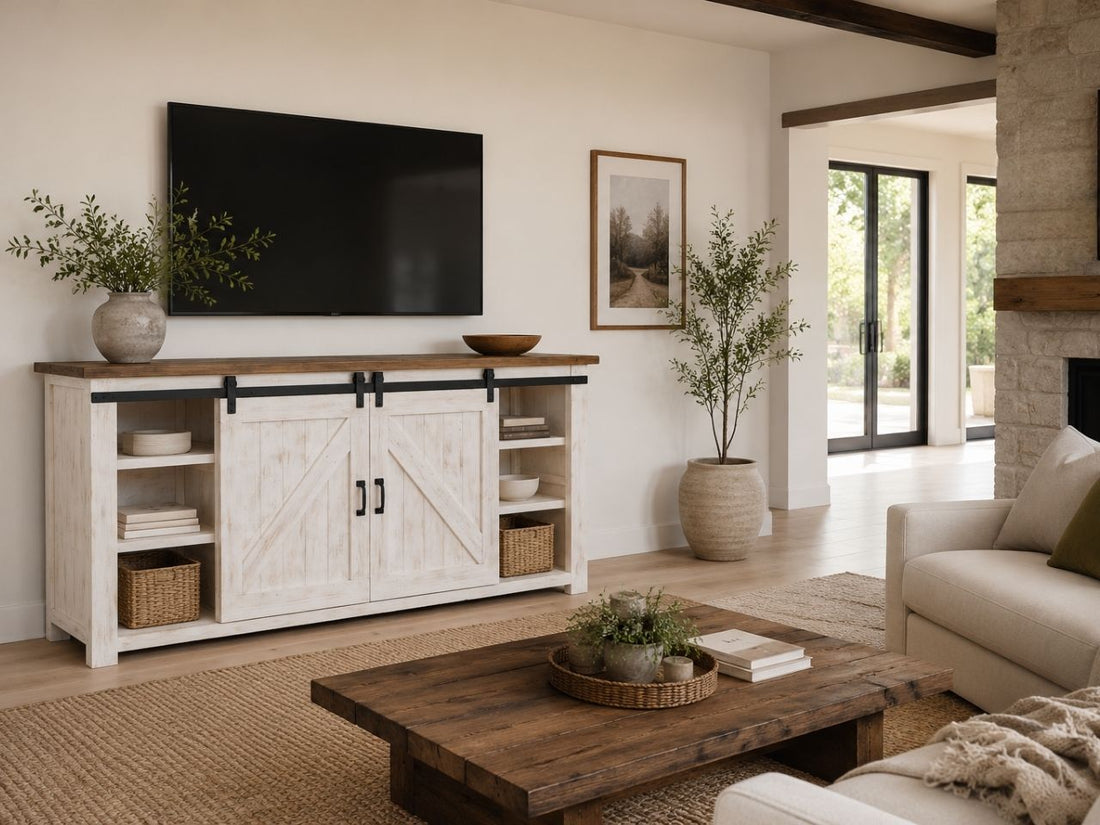 Farmhouse-inspired media sideboard showcasing sliding barn doors, distressed white wood, open shelving, and rustic black hardware.