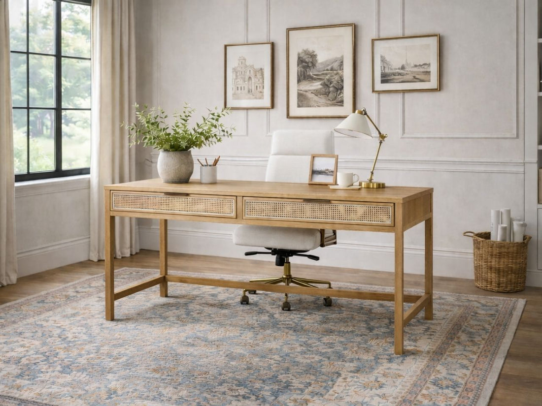 Wood office desk with rattan drawer fronts in a bright home office.