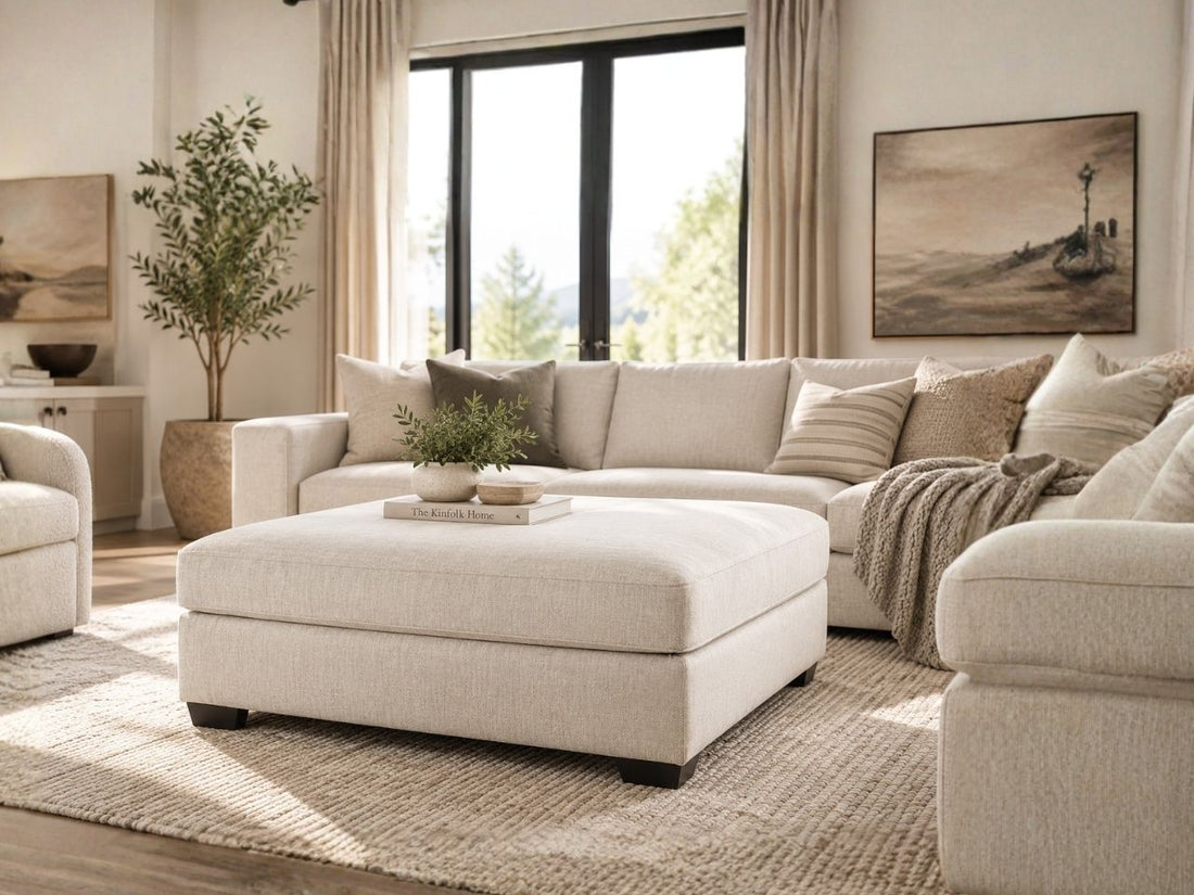 Cream upholstered ottoman in a luxurious modern living room with neutral décor, featuring stylish contemporary furniture in Calgary.