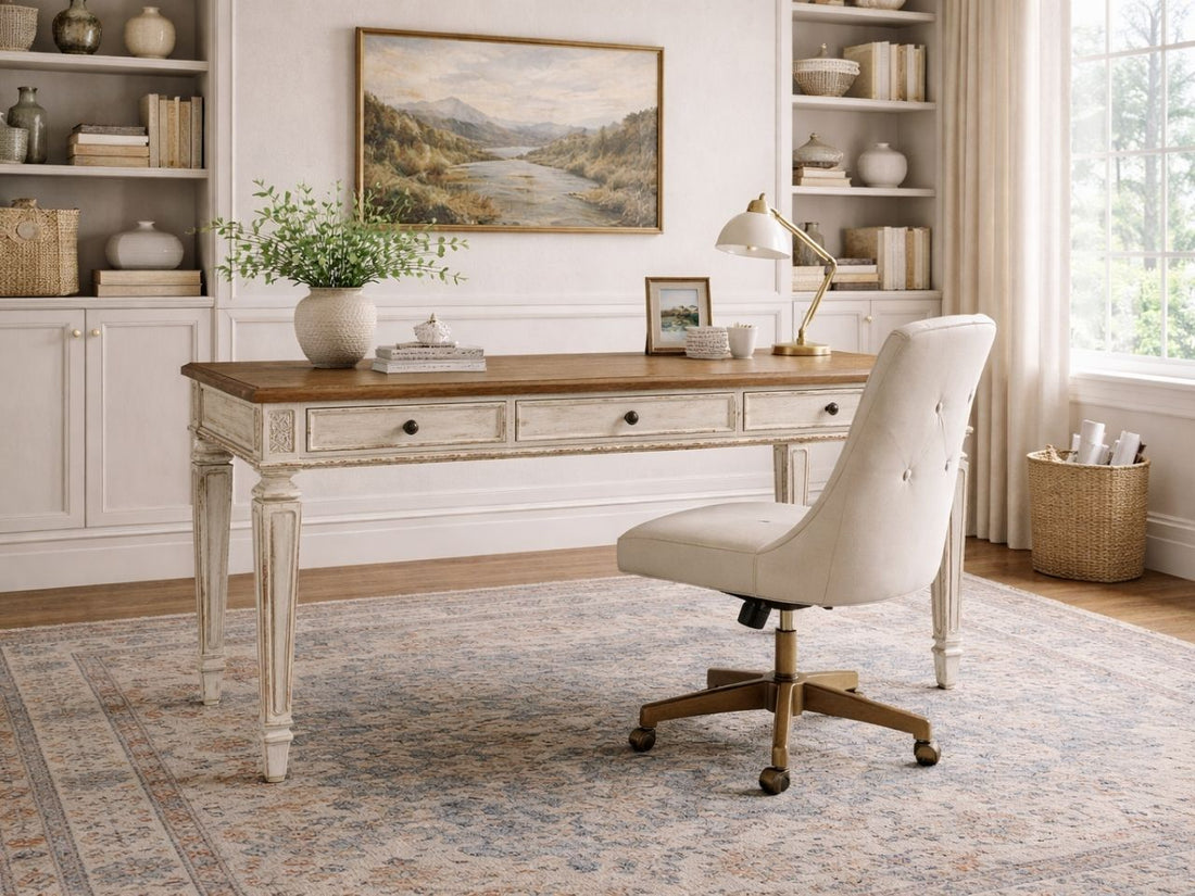 Antique-style wood office desk with drawers in an elegant home office.
