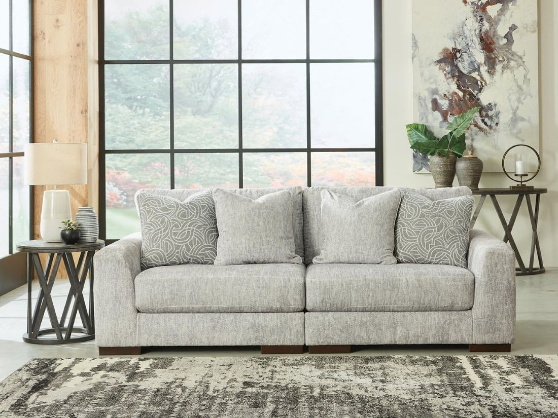 Regent Park 2-Piece Loveseat Sectional Sofa Pewter Chevron Upholstered in Calgary in a white background 