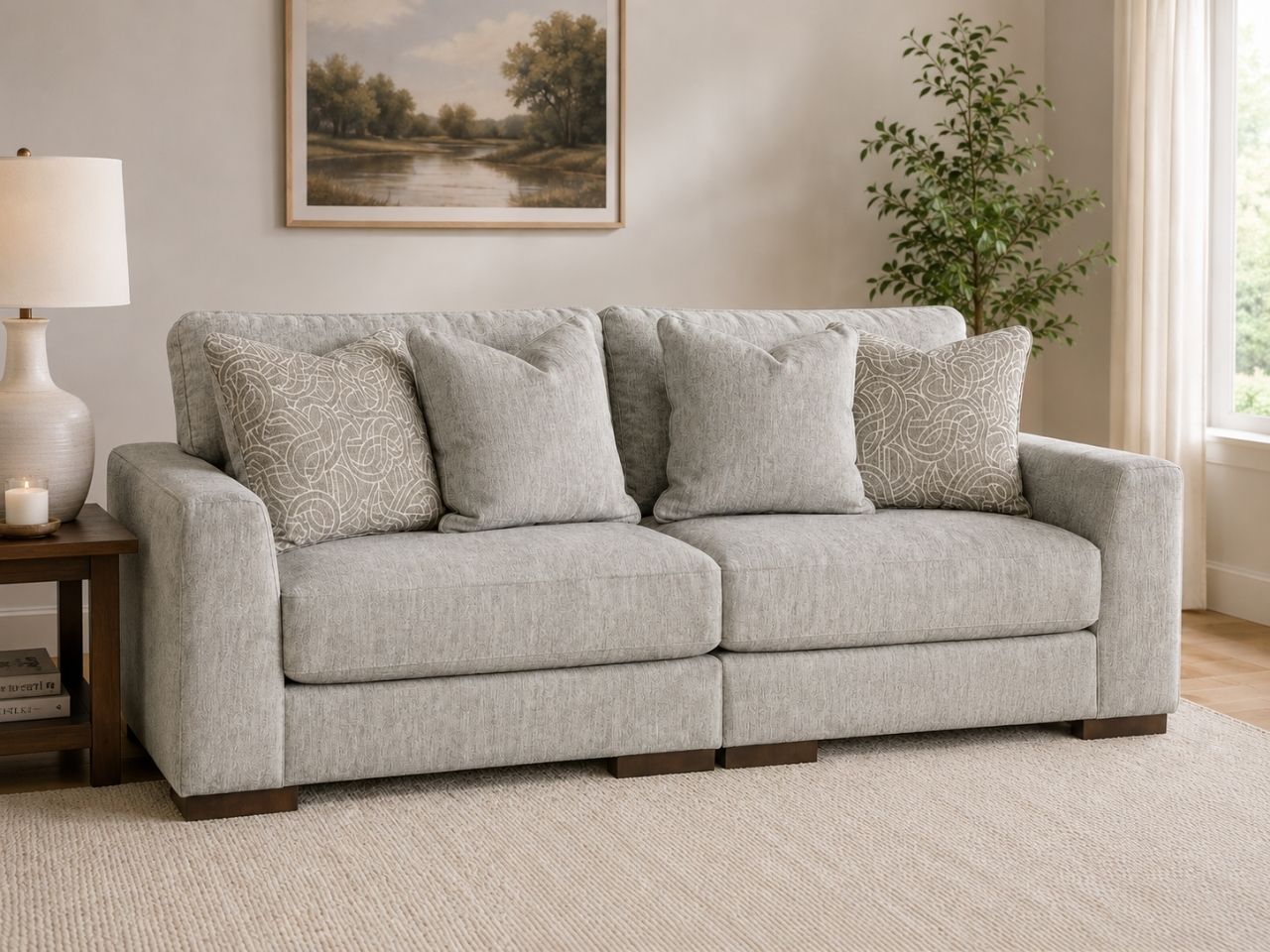 Light gray 2-piece loveseat sectional sofa with matching accent pillows in a cozy modern living room.